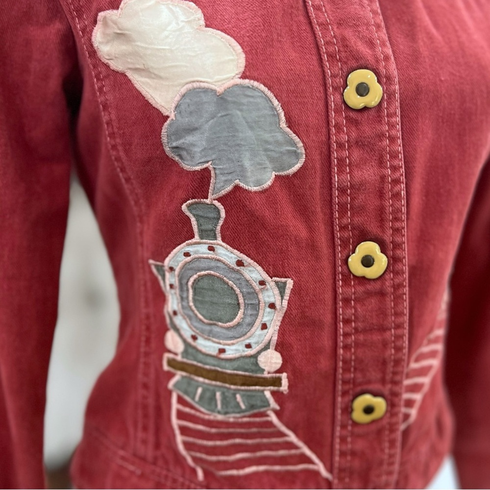 Roncelli Vintage 1970s Novelty Train Appliqué Denim Jacket Top Wearable Art Sz S - Picture 13 of 16